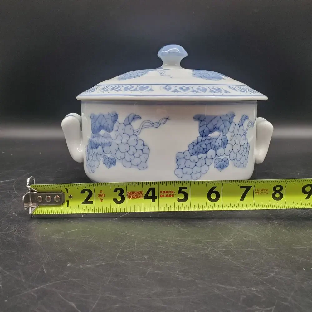 Vintage Blue White Porcelain Covered Vegetable Bowl Grapes China Tureen